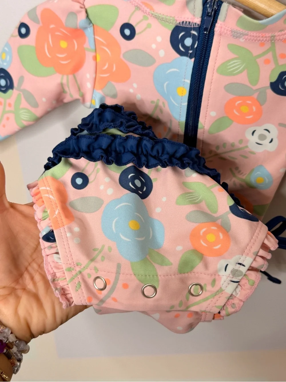 Ruffle Butts Pink Floral Long-Sleeve Swim Bodysuit with Navy Bows